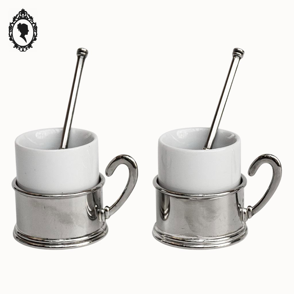 2 Tasses à café porcelaine avec support métal et cuillères vintages