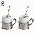 2 Tasses à café porcelaine avec support métal et cuillères vintages