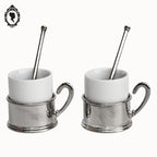 2 Tasses à café porcelaine avec support métal et cuillères vintages