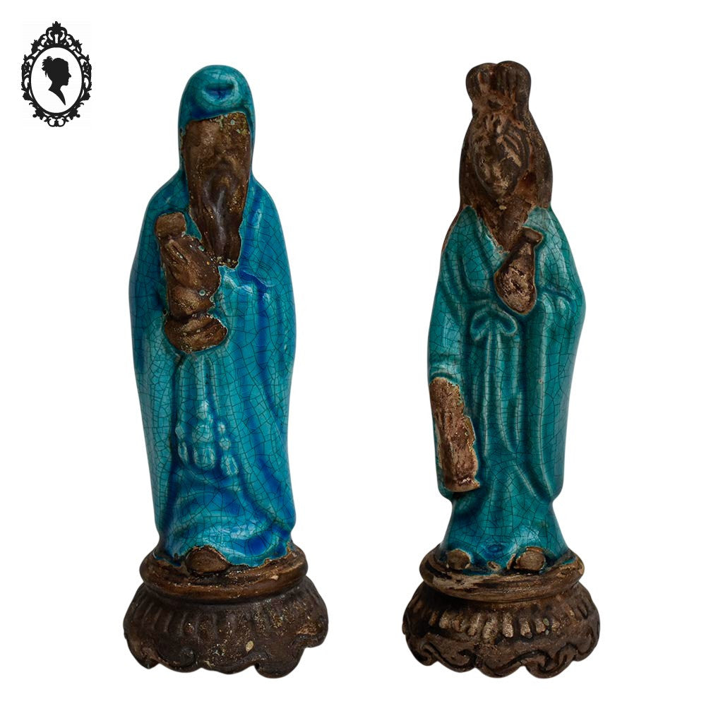 Paire de statues asiatiques Vietnam d’un couple en grès vernissé bleue milieu XX
