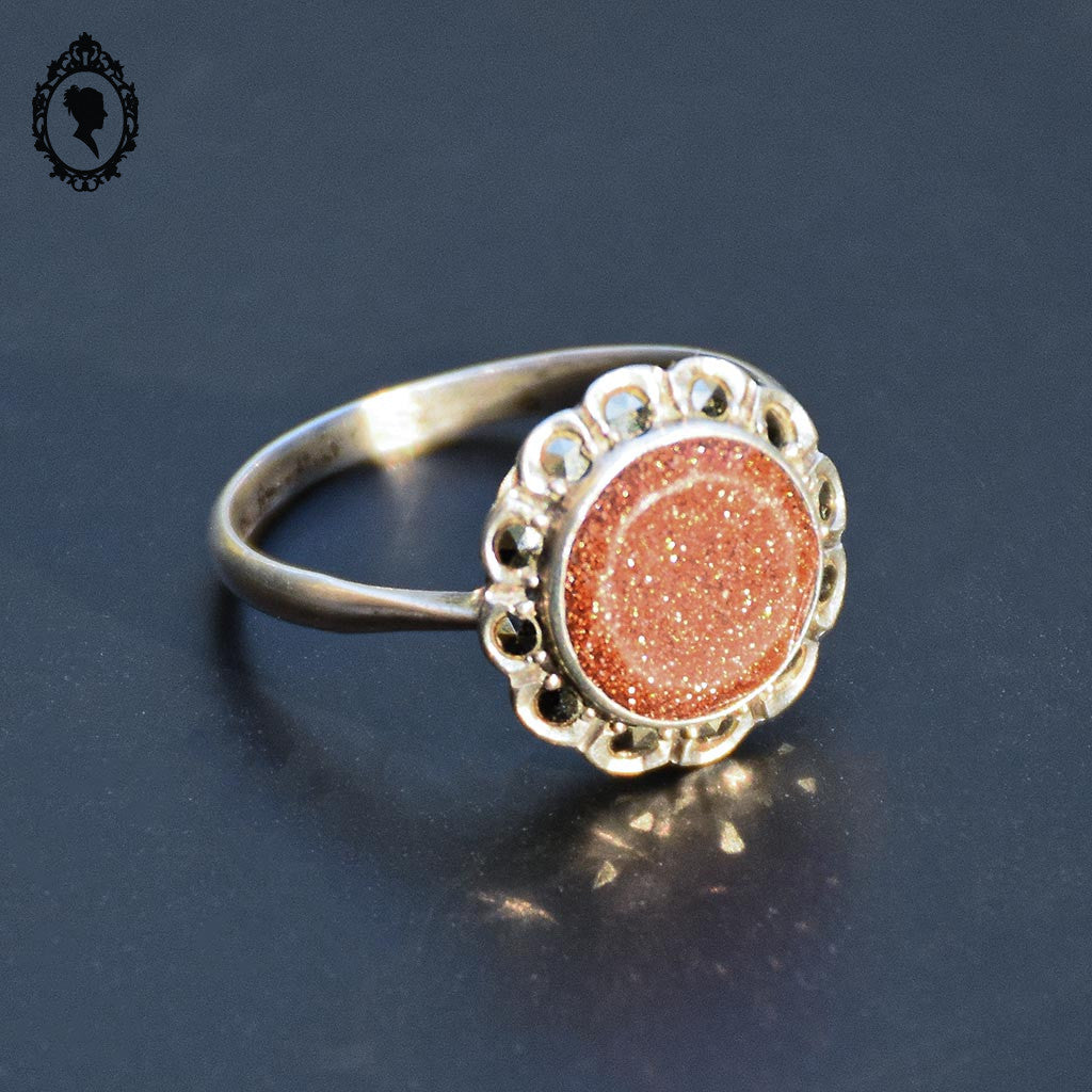 Bague argent pierre orange gold stone marcassites T 54 ancienne vintage