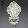 Bénitier avec croix et anges gris argenté en métal régule ancien