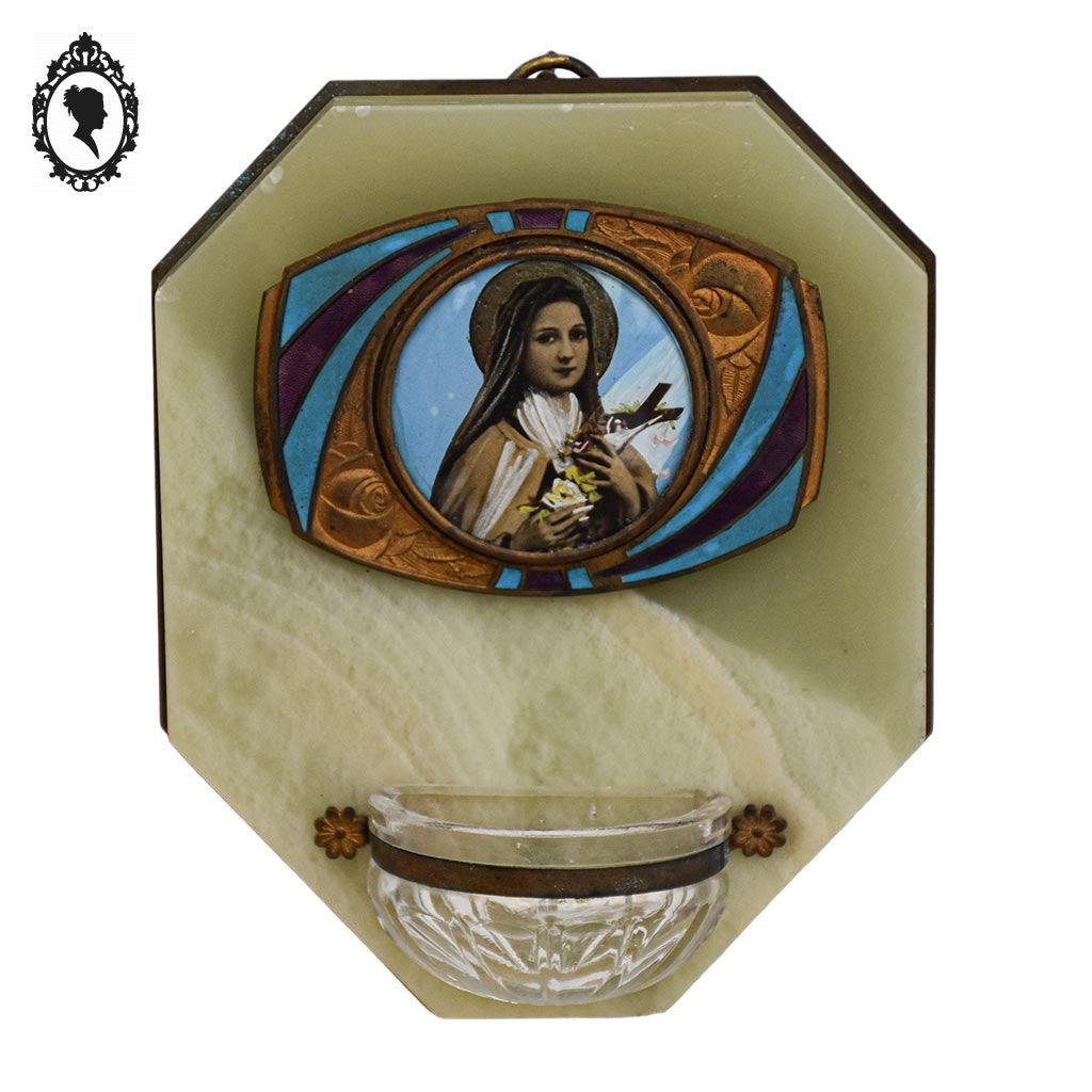 Bénitier mural Sainte Bernadette marbre onyx vert art déco ancien