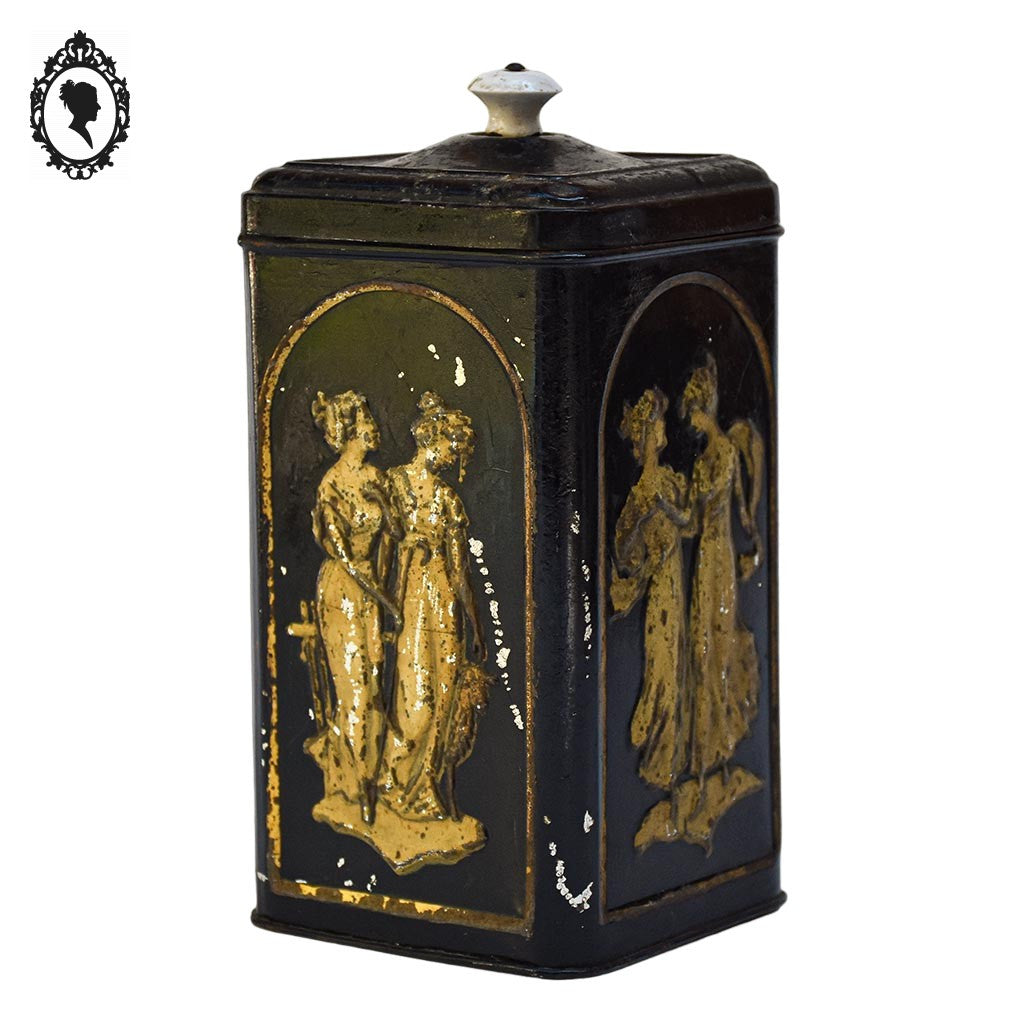 Boite ancienne à biscuits ou autre en fer art déco Art nouveau noir doré poignée porcelaine collection