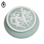 Bonbonnière ancienne ronde boîte porcelaine biscuit vert tendre blanche fées