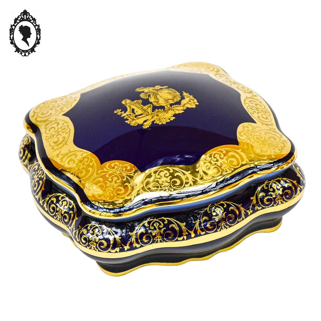 Bonbonnière boite à bijoux bleu de four doré or porcelaine Limoges