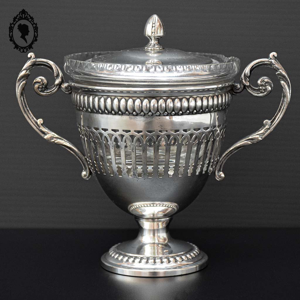 Bonbonnière drageoir sucrier piédouche en métal argenté et cristal ancien