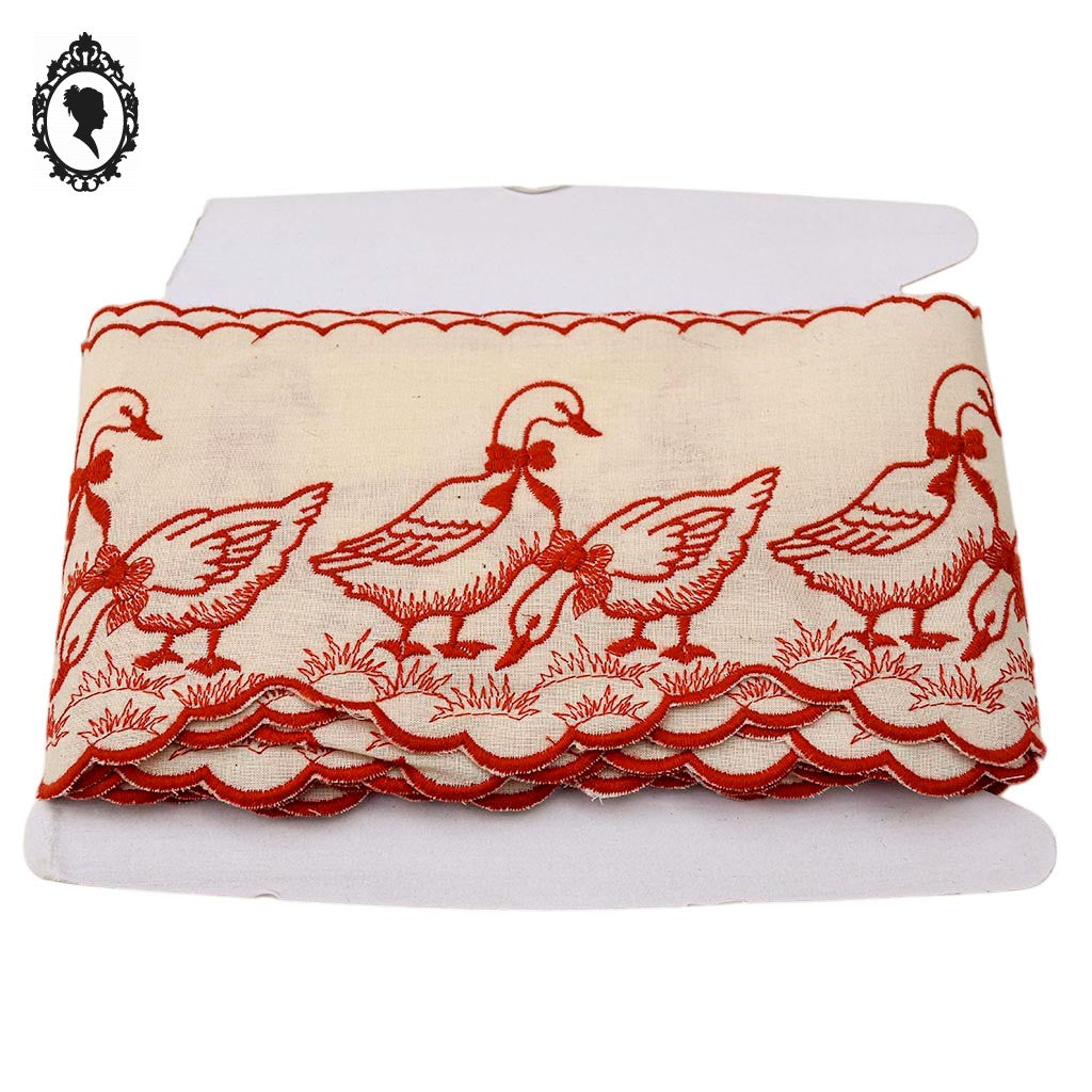 Bordure étagère galon frise broderie rouge et beige clair oiseau oie festonné H 12 cm mercerie vintage