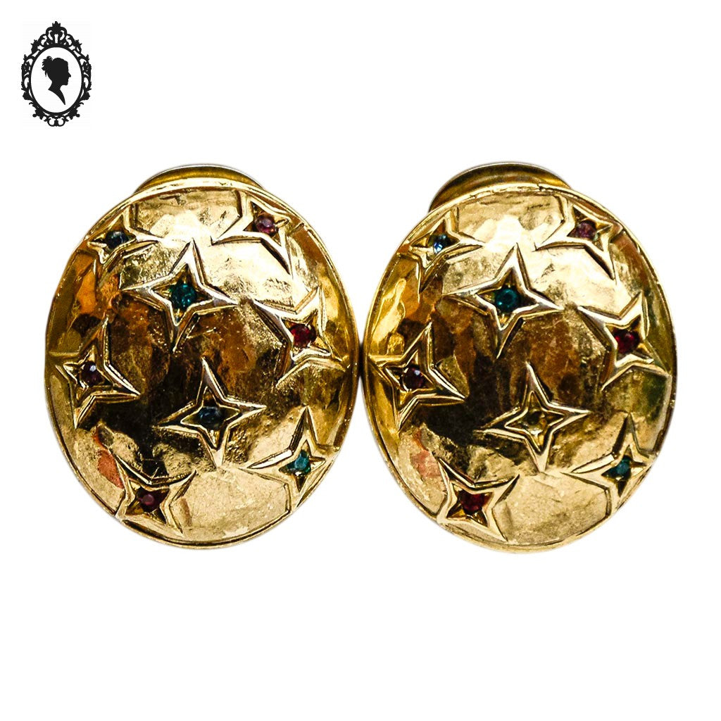 Boucles d’oreille boule ovale dorée étoiles et strass à clip vintages
