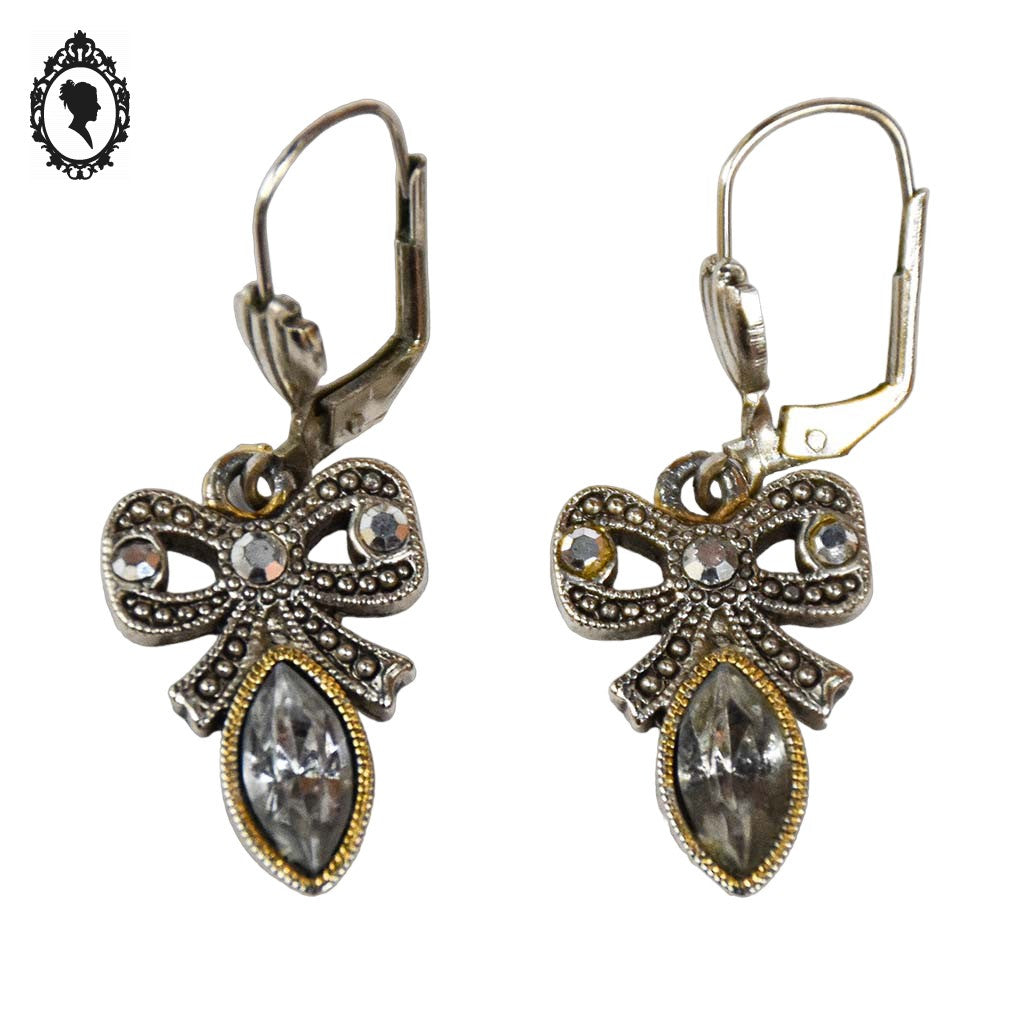 Boucles d’oreilles percées nœud avec strass marcassite pampilles métal gris