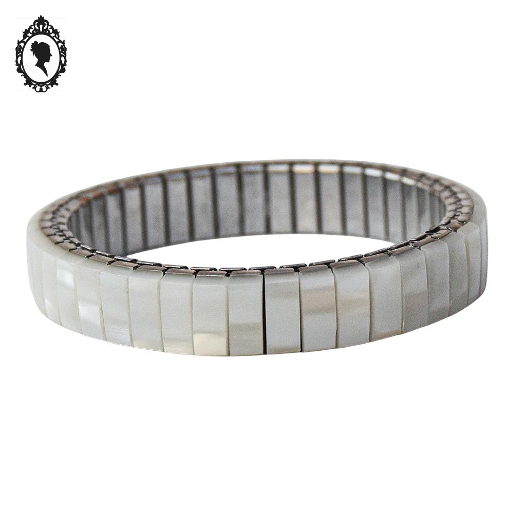 Bracelet blanc articulé extensible étirable rond semi rigide en nacre vintage
