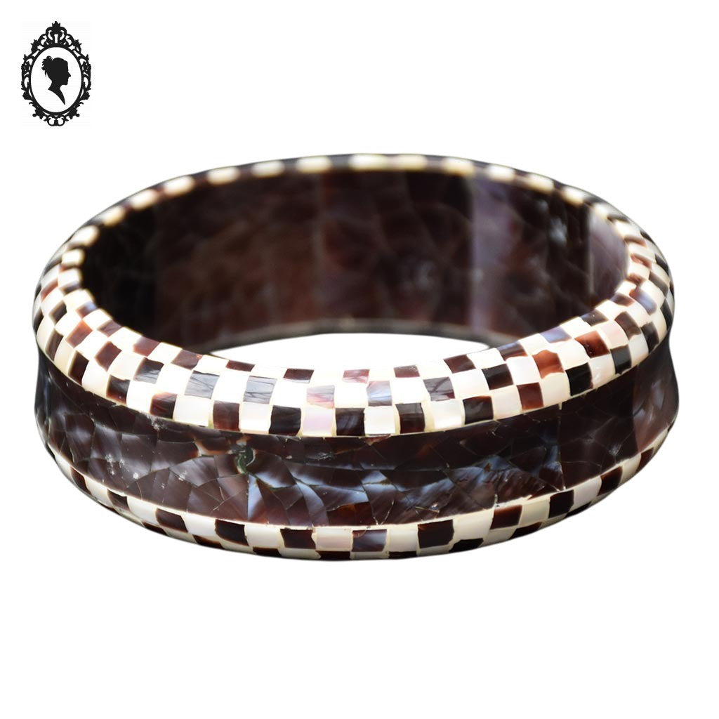 Bracelet jonc damier nacre marron beige vintage