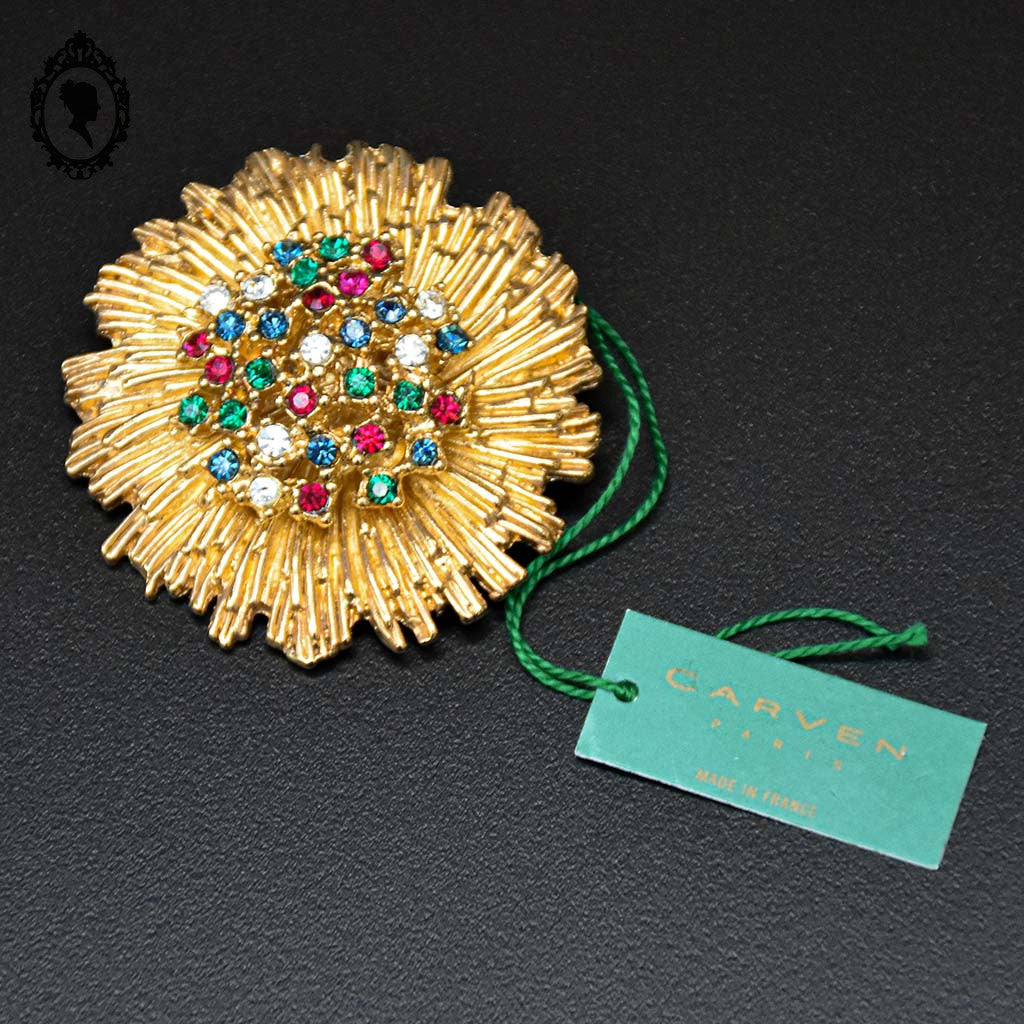 Broche dorée soleil signée Carven avec strass D 4,5 cm bijou vintage
