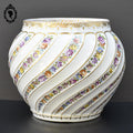 Cache pot vase rond blanc porcelaine fleurie rose doré signé
