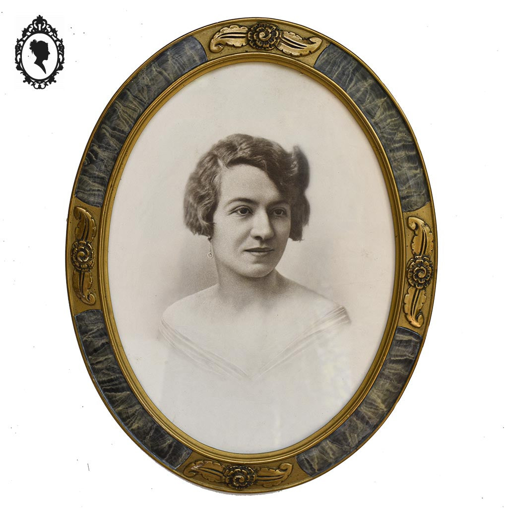 Cadre Art déco Art nouveau ancien ovale doré photo portrait femme sépia