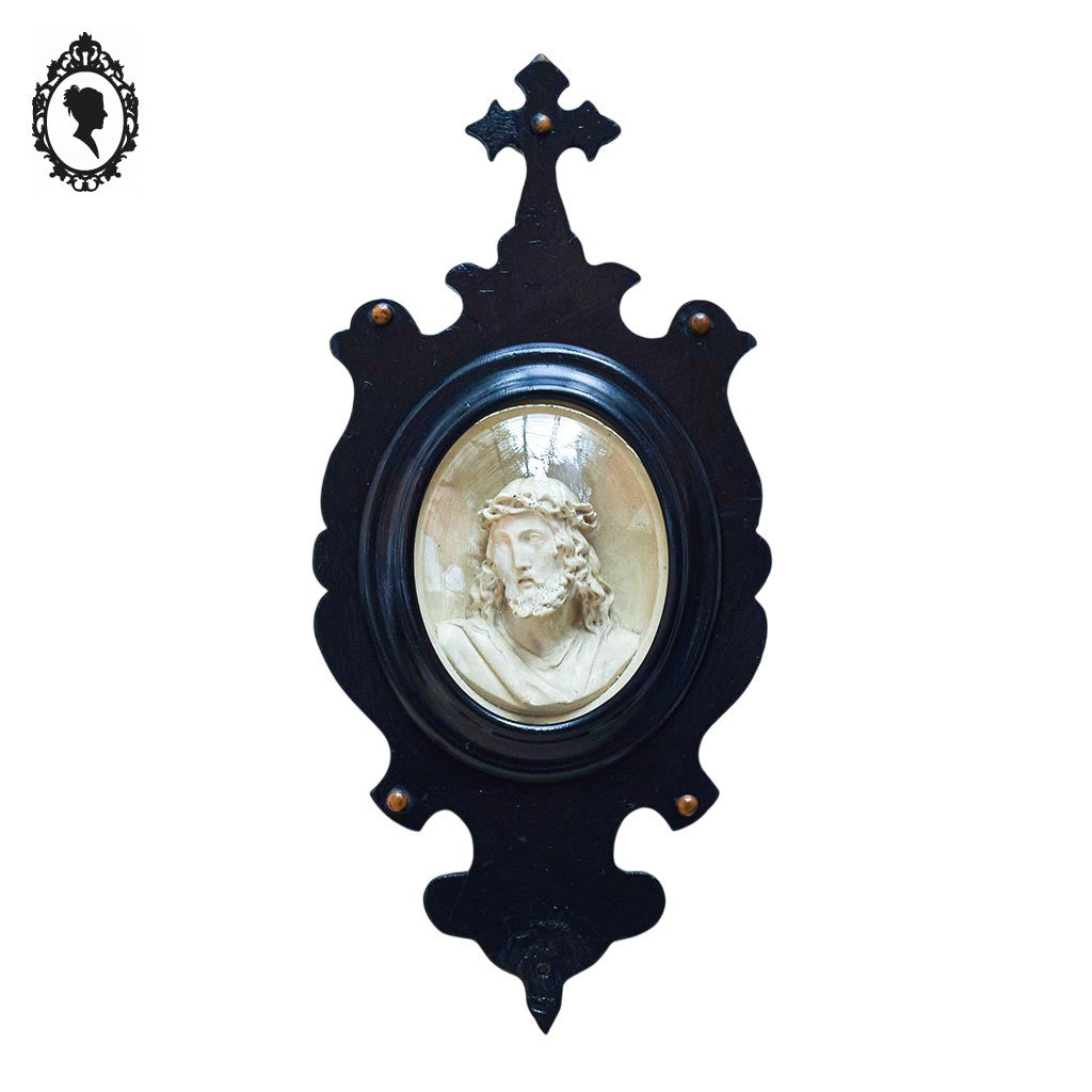 Cadre reliquaire ovale noir verre bombé buste Christ calcaire pétrifié ancien Napoléon 3