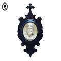 Cadre reliquaire ovale noir verre bombé buste Christ calcaire pétrifié ancien Napoléon 3