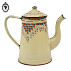 Cafetière émaillée ancienne beige bleu rouge orangé style Lustucru objet de cuisine vintage
