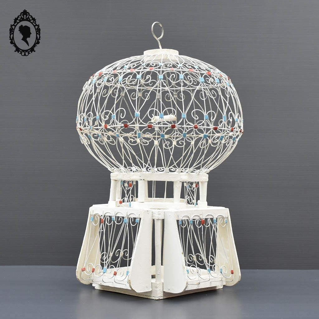 Cage oiseau blanche métal et bois ancienne H 40 cm