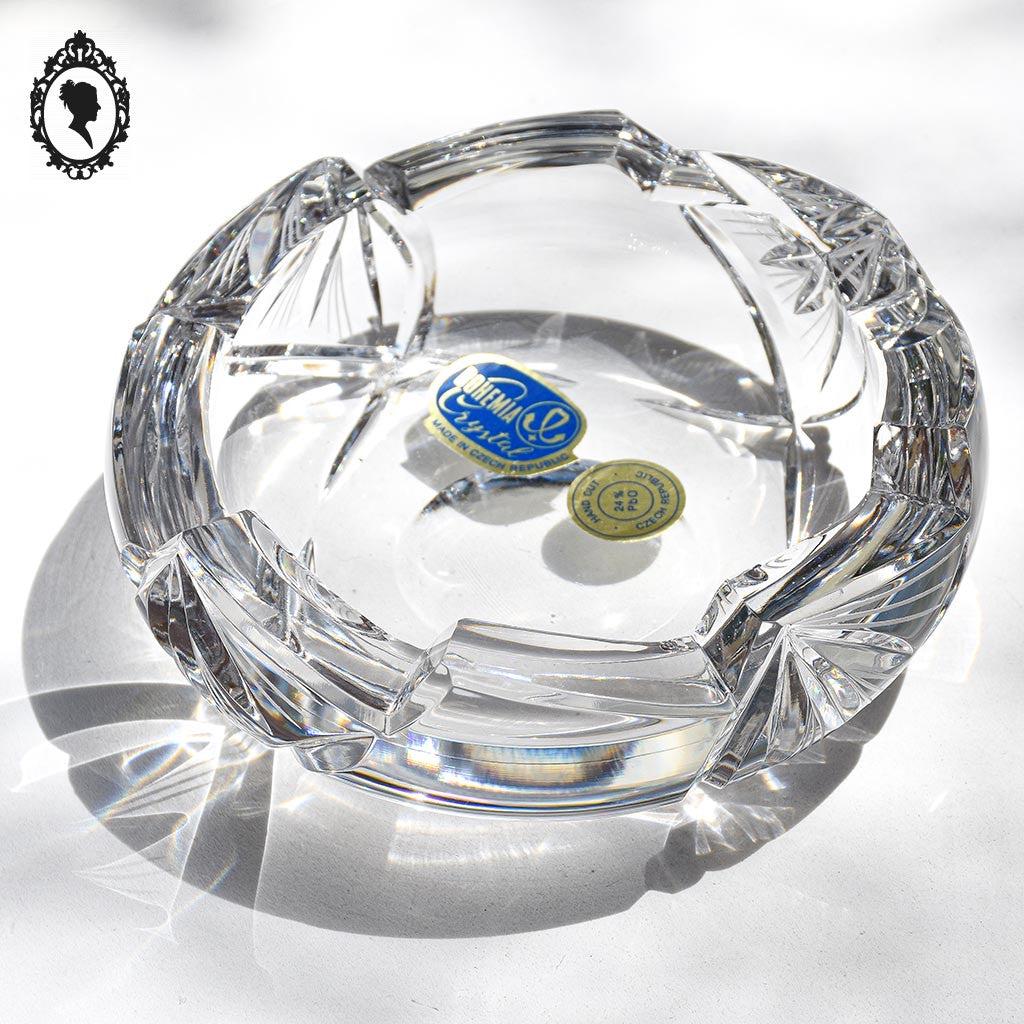 Cendrier Bohemia crystal blanc épais rond ciselé vintage