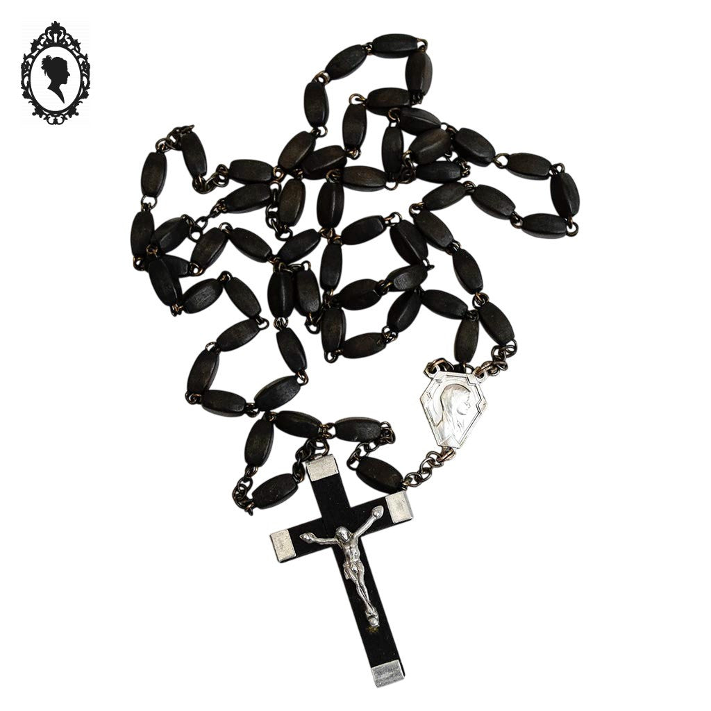 Chapelet rosaire Lourdes noir en perles allongées forme grain de riz objet religieux