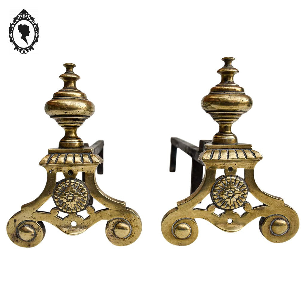 Chenets longs en bronze doré boule arabesques arrondies accessoire de cheminée ancien