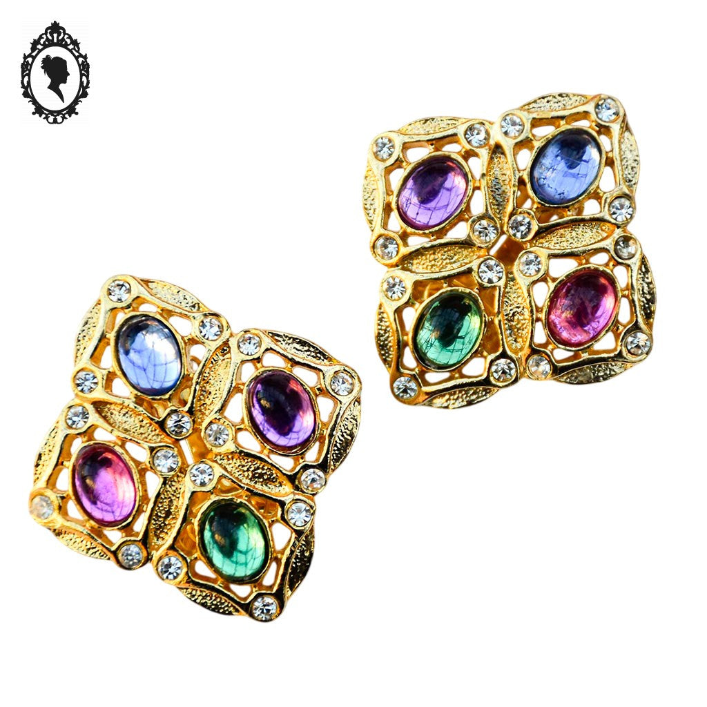 Boucles d’oreilles clips métal doré losange perles cabochon vintage