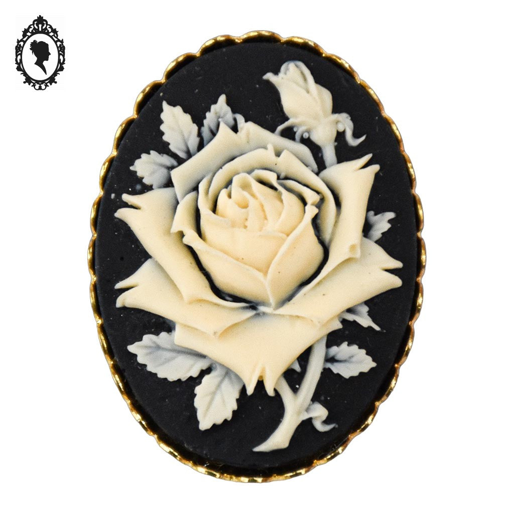 Chic broche attache à foulard camée fleurie noir beige sur métal doré bijou fantaisie
