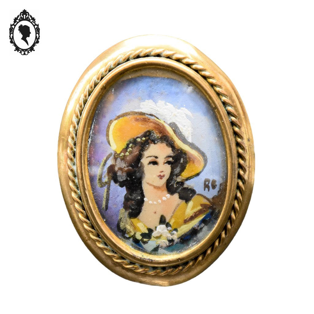 Chic broche peinture ovale portrait signée RC et laiton doré bijoux ancien vintage