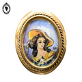 Chic broche peinture ovale portrait signée RC et laiton doré bijoux ancien vintage