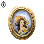 Chic broche peinture ovale portrait signée RC et laiton doré bijoux ancien vintage