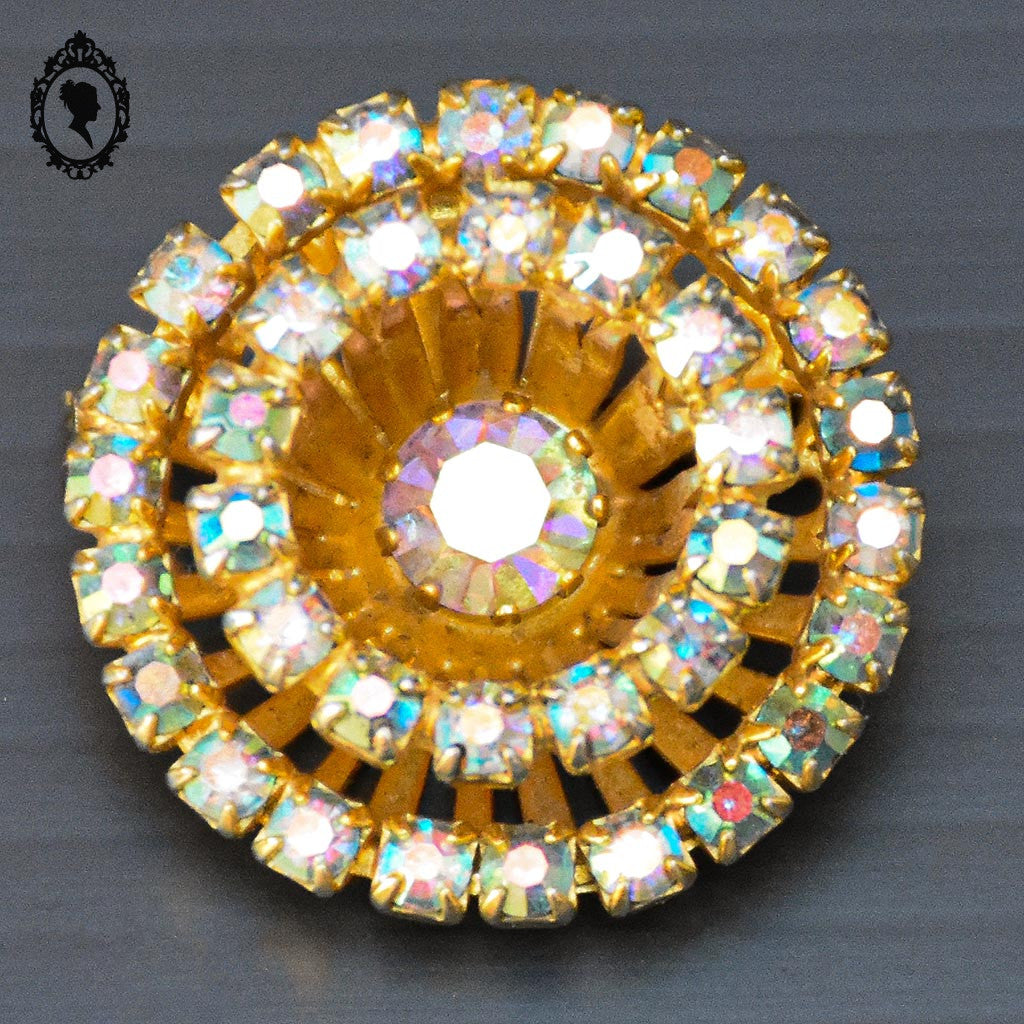 Chic broche strass cristal aurore boréale multi couleur ronde métal doré bijoux ancien vintage