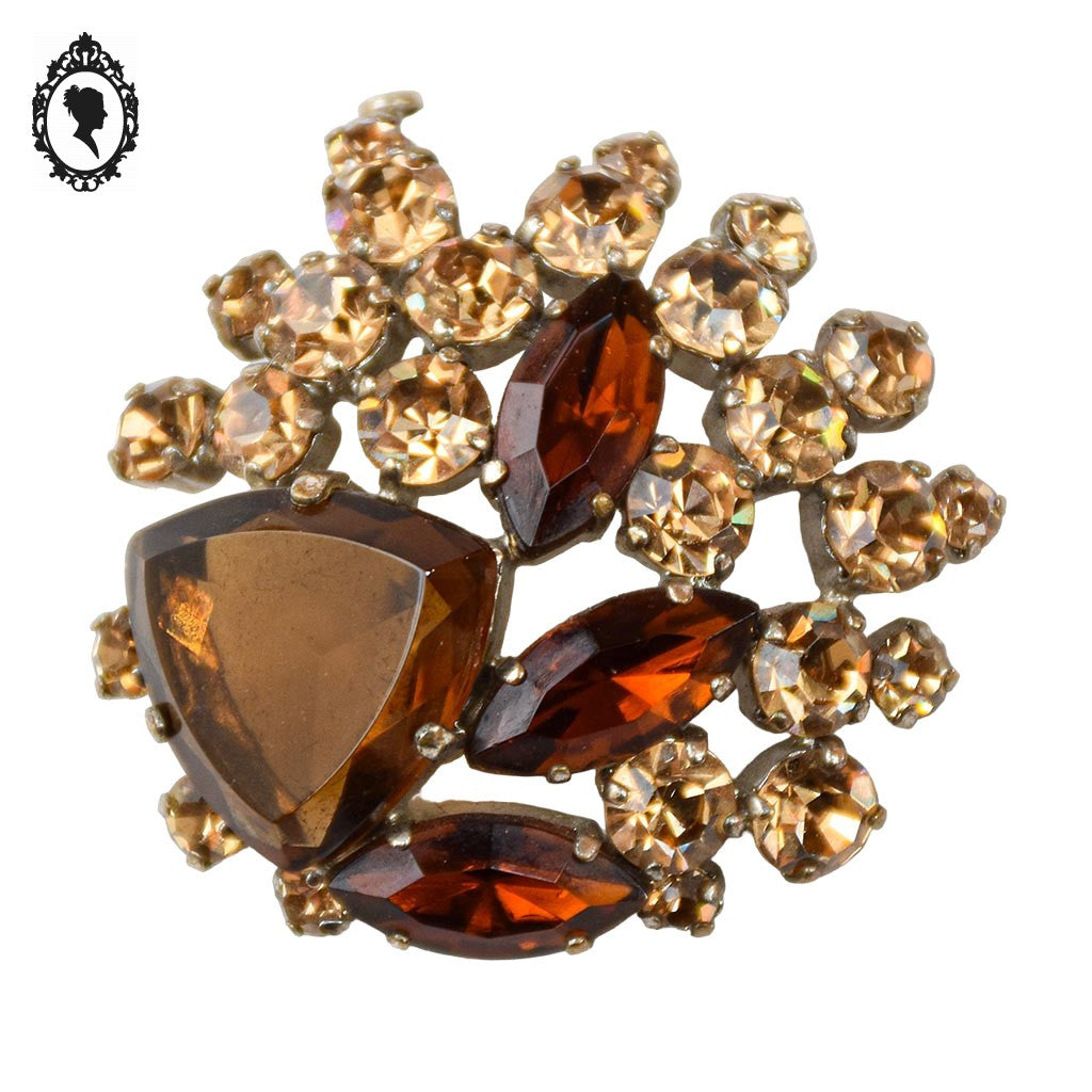 Chic broche strass marron beige métal gris bijoux ancien vintage