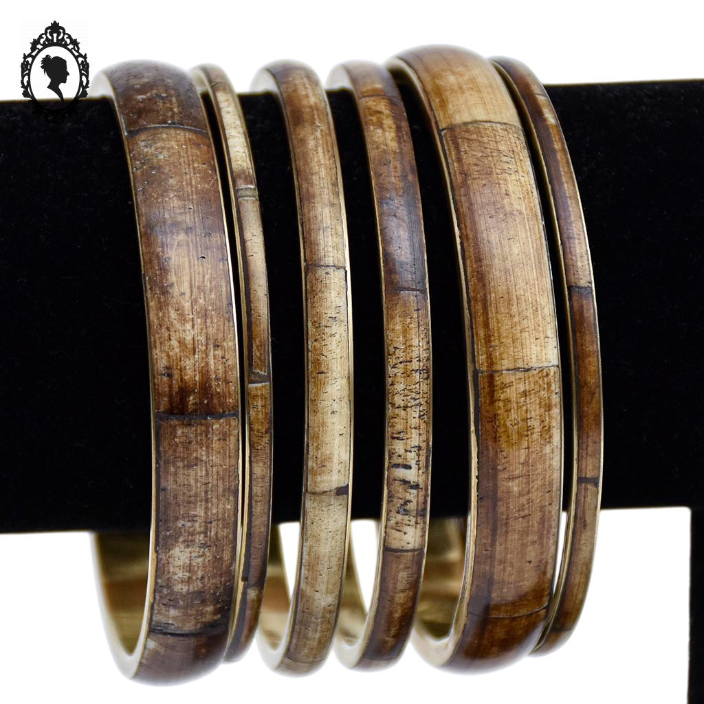 Chic ensemble 6 bracelets rigides joncs laiton effet bois vintage