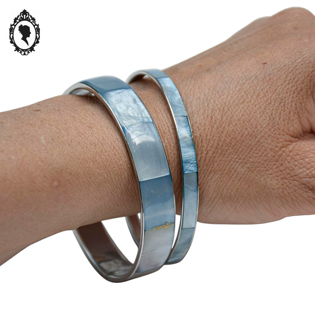 Chic ensemble de 2 bracelets joncs nacre bleue métal vintage