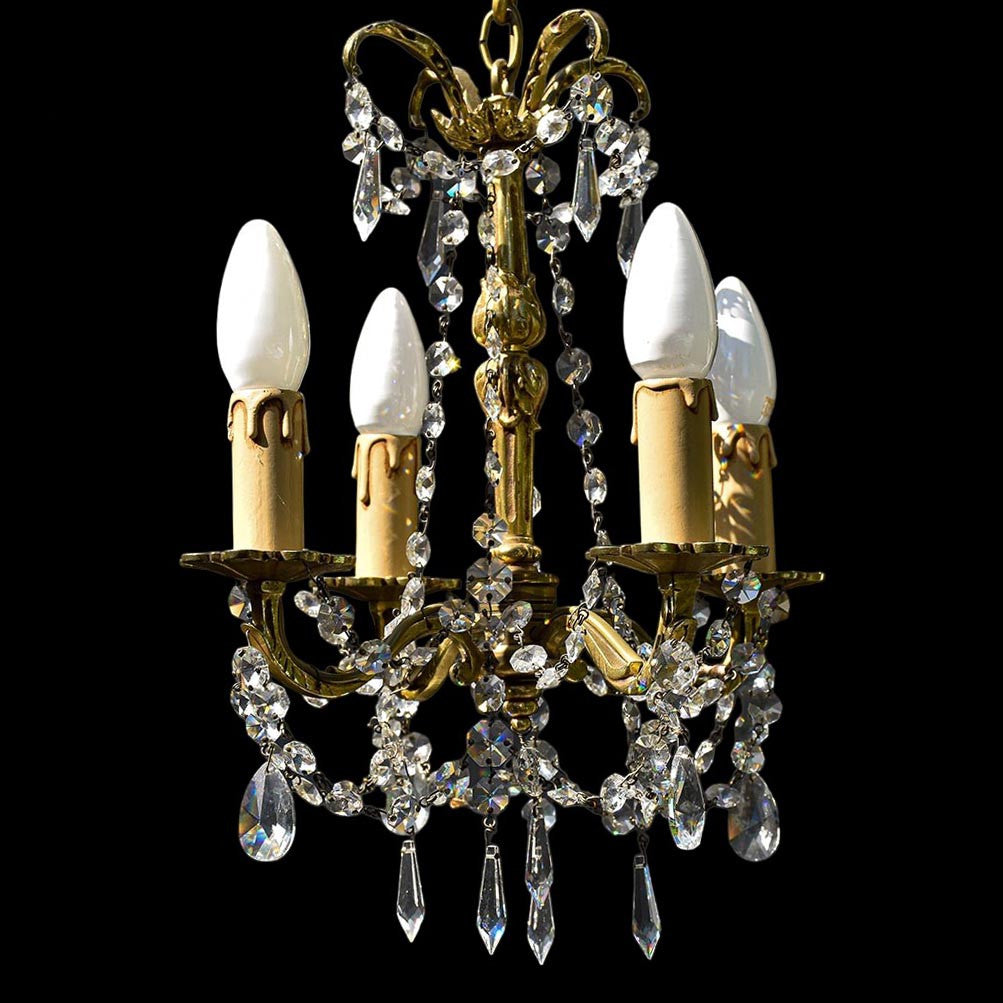 Chic lustre à pampilles en cristal 4 feux bronze doré ancien