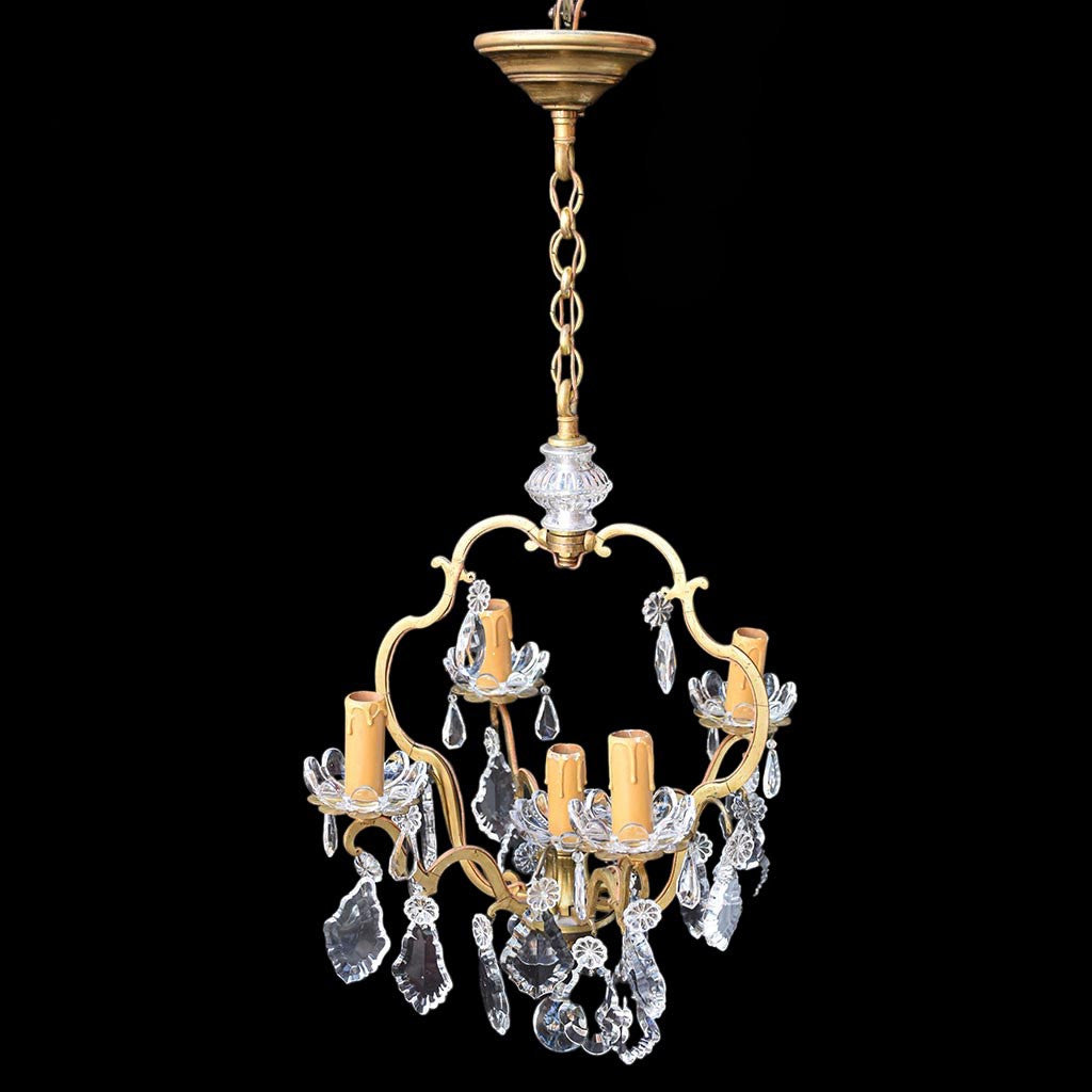 Chic lustre cage à pampilles en bronze doré 5 feux ancien vintage
