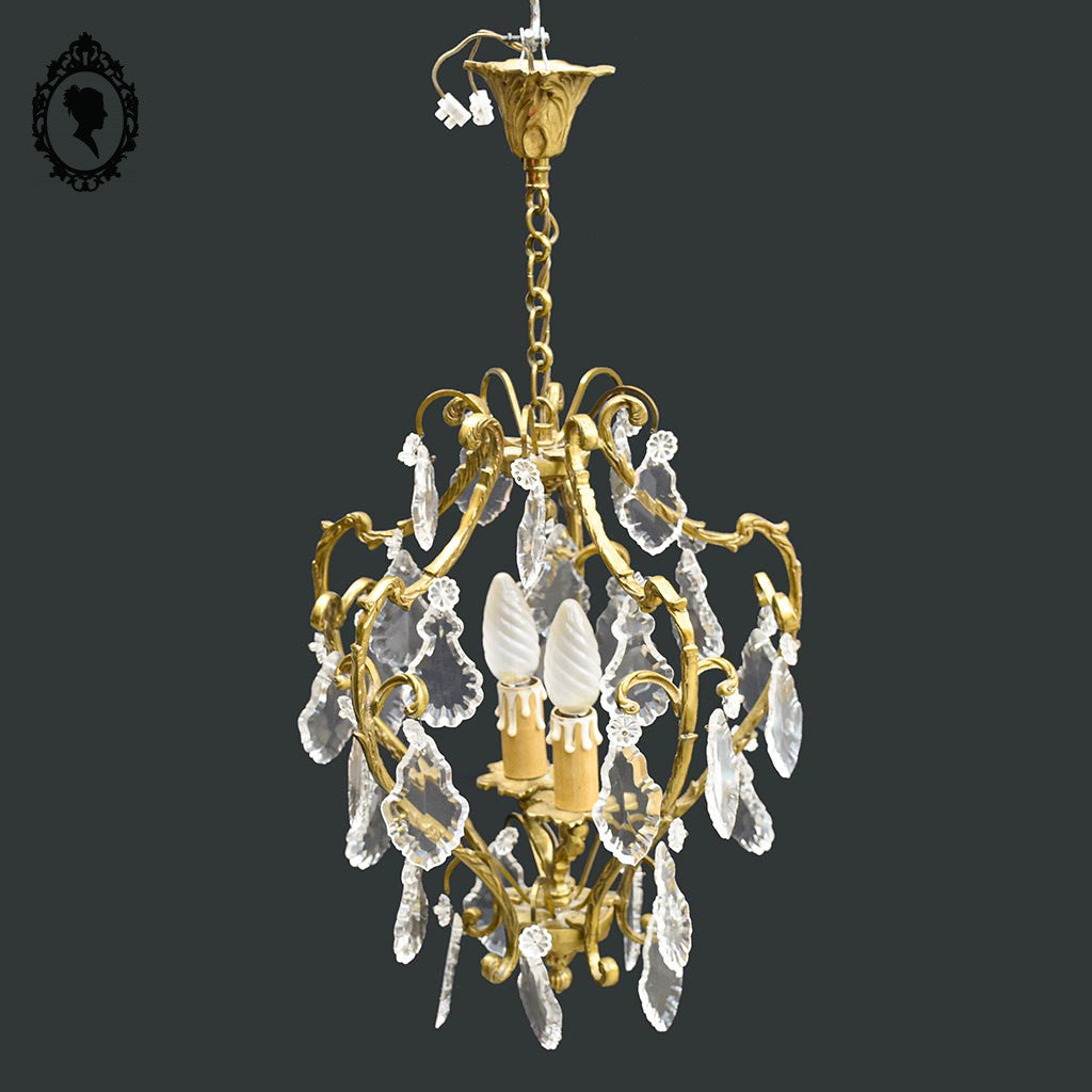 Chic lustre cage à pampilles en bronze doré ancien
