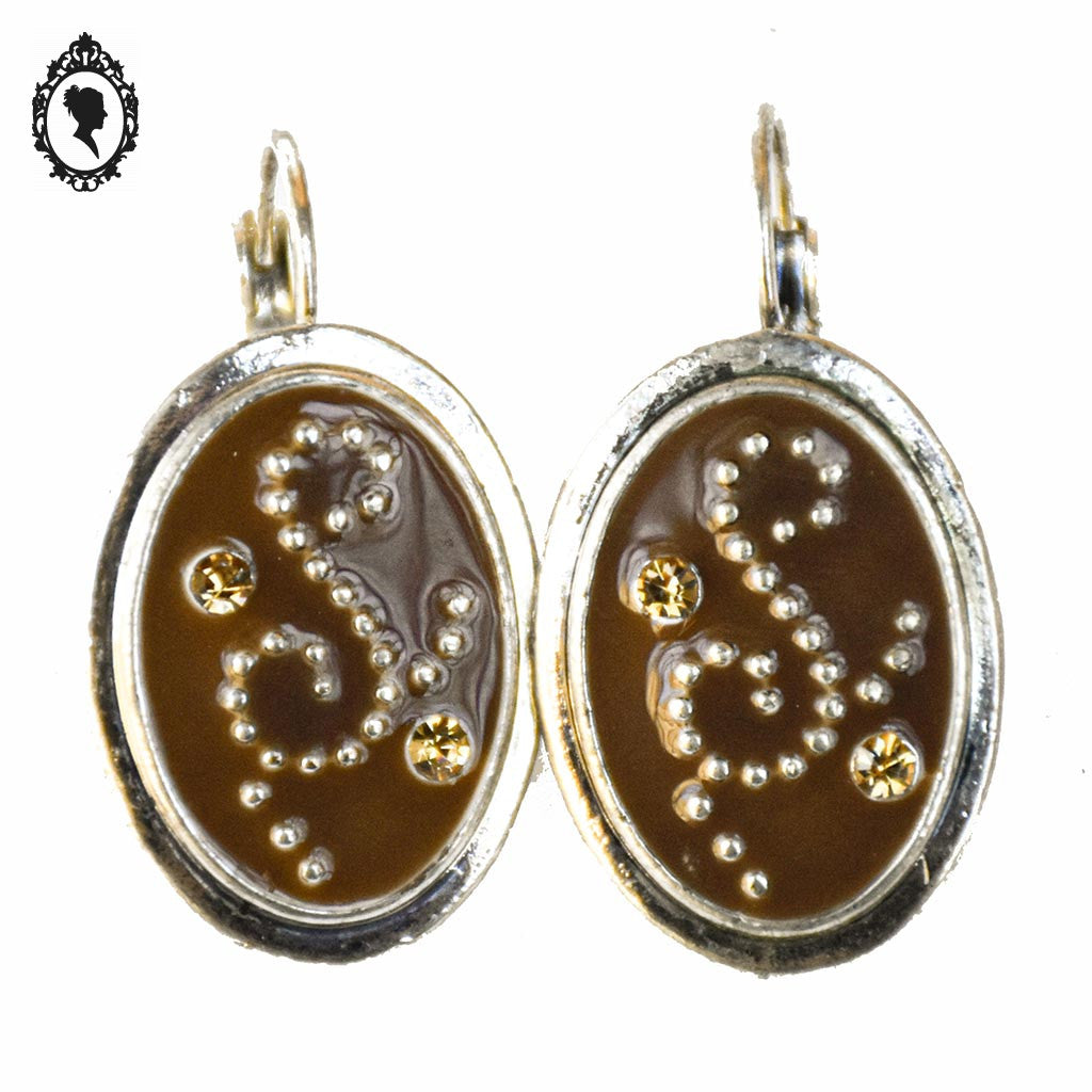Chic paire de boucles d’oreilles pendantes marron strass S métal gris neuf