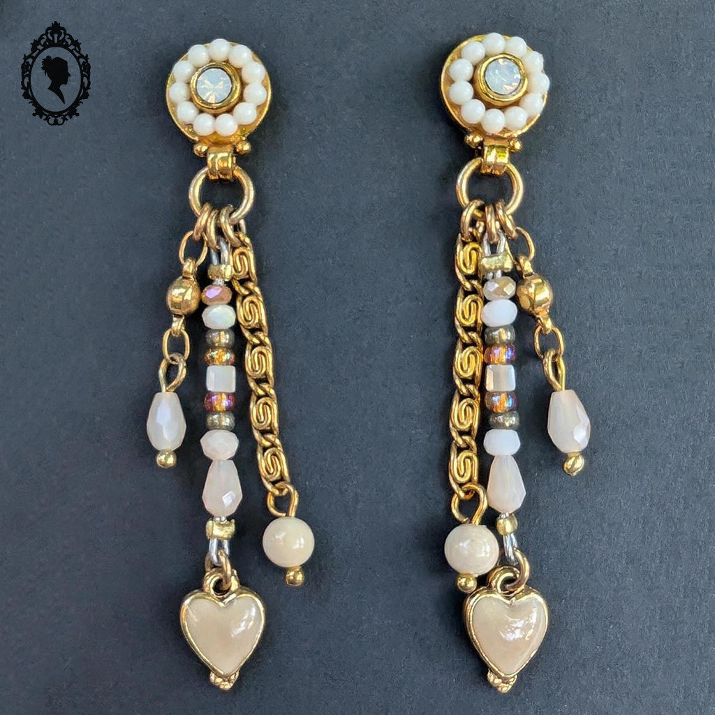 Chic paire de boucles d’oreilles percées pendantes beige doré bijoux Statu Quo