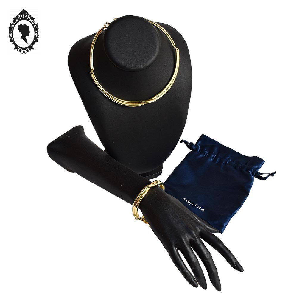 Chic parure collier bracelet métal doré Agatha vintage