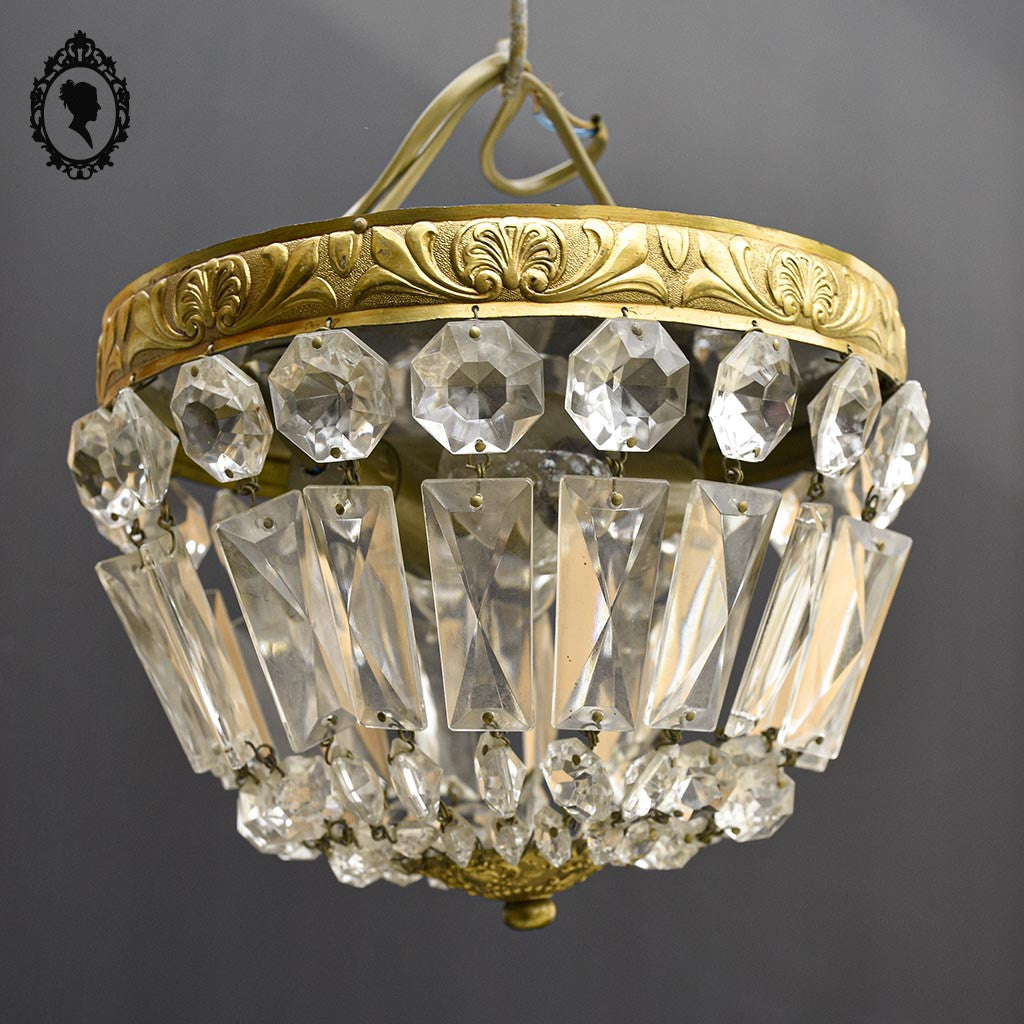 Chic plafonnier lustre à pampilles cercle laiton doré 2 lampes ancien