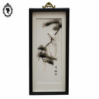 Chic tableau cadre à relief chinois asiatique blanc gris noir oiseau plume vintage