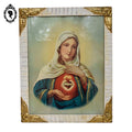 Chromo Sacré cœur de la Vierge Marie dans cadre bois sculpté beige et doré H 56 cm Art nouveau