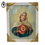 Chromo Sacré cœur de la Vierge Marie dans cadre bois sculpté beige et doré H 56 cm Art nouveau