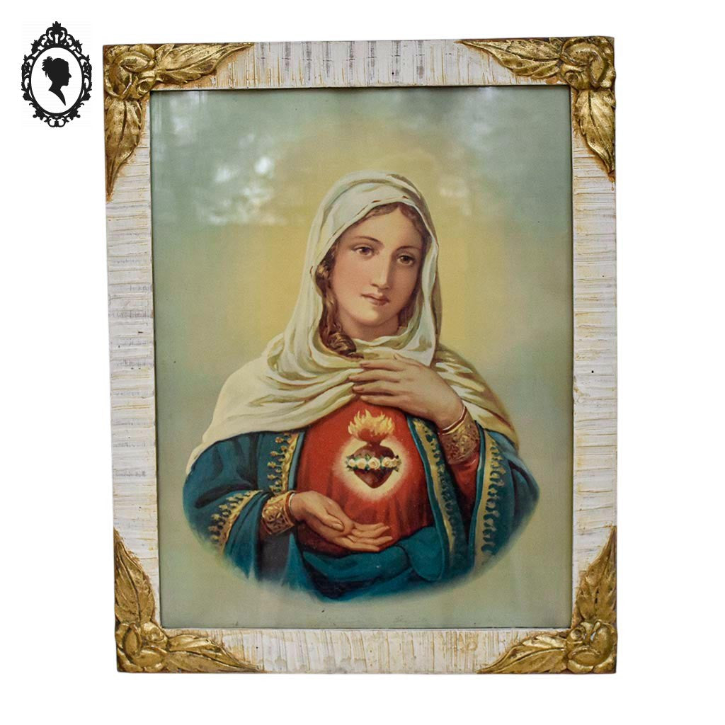 Chromo Sacré cœur de la Vierge Marie dans cadre bois sculpté beige et doré H 56 cm Art nouveau