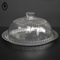 Cloche à fromage transparente en verre strié blanc avec assiette plateau
