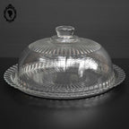 Cloche à fromage transparente en verre strié blanc avec assiette plateau