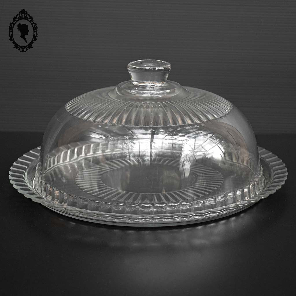 Cloche à fromage transparente en verre strié blanc avec assiette plateau