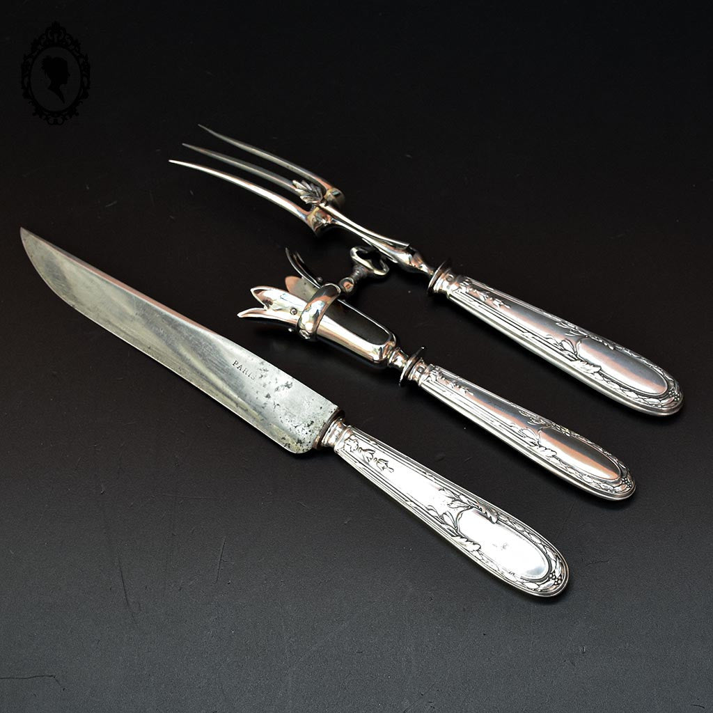 Coffret 3 couverts service complet à découper gigot argent fourré décor Louis XV ancien XIX ième